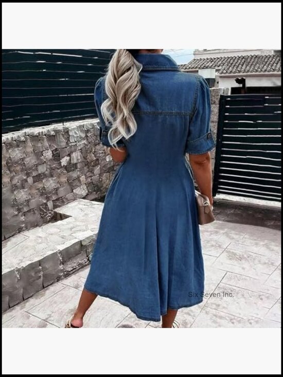 Denim Shirt Dress V-Neck Short Sleeve A-Line with Pockets - Picture 2 of 7